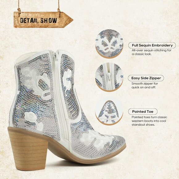 JABASIC Women White Western Cowboy Ankle Boots Low Cowgirl with Zipper - Picture 5 of 7